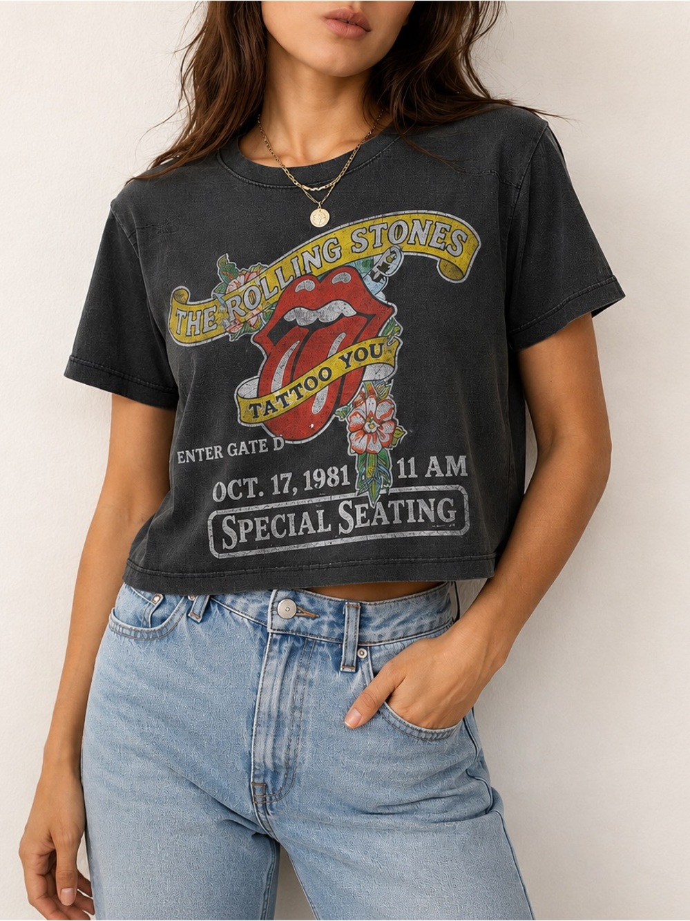 People of Leisure x Rolling Stones Tattoo You Graphic Crop Tee Black Sz S